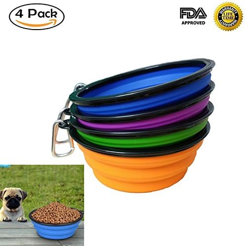 4 x Collapsible Pet Bowls 7" Diameter Silicone Folding Bowls for Cats Dogs with Carabiner Belt Clip (Blue Purple Green Orange)