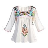 Women's Peasant Tunic Top - Embroidered Flowers White Cotton Shirt