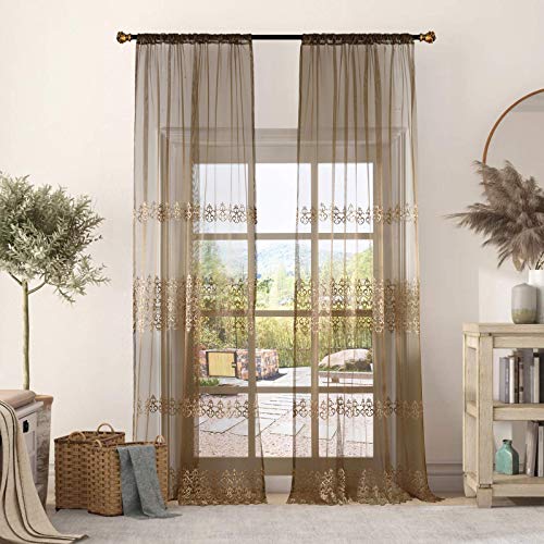 BW0057 Elegance Fine Embroidered Sheer Curtain Window Decoration Transparent Rod Pocket Voile Drape for Bedroom Living Room (2 Panels, W 50 x L 102 inch, Brown) 1301133C1BYEBN150102-8518-2P
