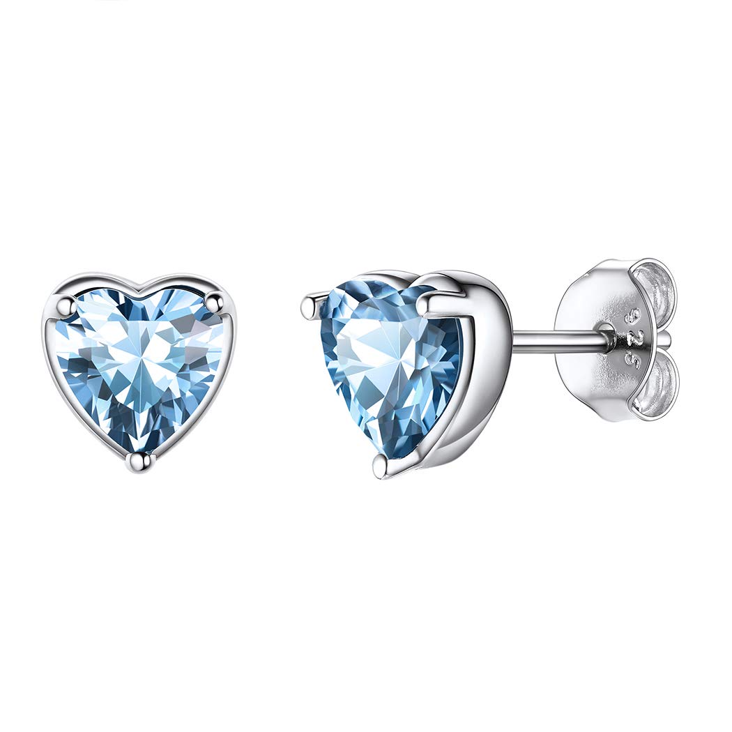 Suplight 925 Sterling Silver March Birthstone Earrings, Womens Hyperallergic Earrings Simple Dainty Aquamarine Crystal Heart Shaped Stud Earrings for Women Girls