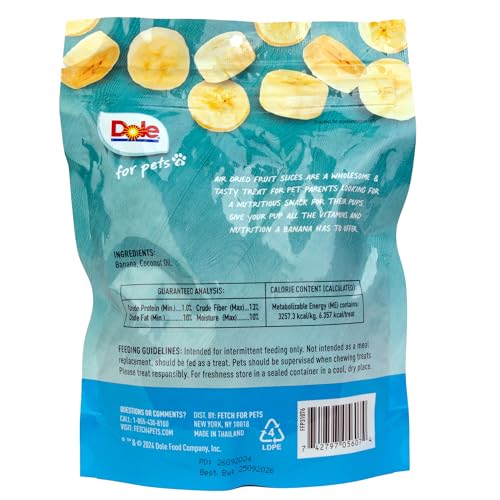 DOLE FOR PETS AIR DRIED BANANA DOG TREATS, SINGLE INGREDIENT DOG TREATS MADE WITH REAL BANANA, NO WHEAT, CORN, SOY, ARTIFICIAL FLAVORS, COLORS, OR PRESERVATIVES, AIR DRIED BANANA CHIPS, 6 OZ