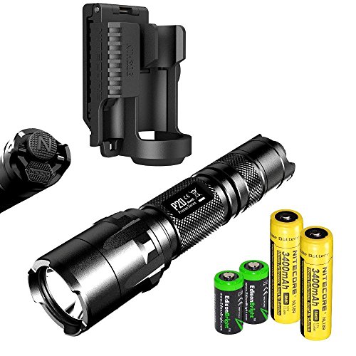 NITECORE P20 800 Lumen high intensity CREE XM-L2 LED specialized tactical duty Strobe Ready flashlight with proffesional NTH30B patrol duty holster, 2X Nitecore NL189 3400mAh rechargeable 18650 Batteries and 2 X EdisonBright CR123A Lithium Batteries