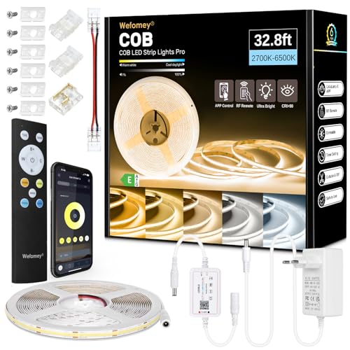 10 m COB LED Strip, App Control, 2700K-6500K Cool White LED Strip with Remote Control and Power Supply, 24V Dimmable LED Strip, 620LEDs/M, CRI >92, Width 8 mm, for Bedroom, Home Decor