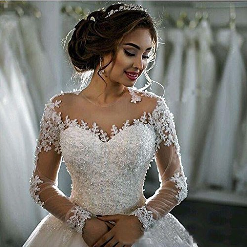 Fanciest Women's Lace Wedding Dresses Long Sleeve Wedding Dress Ball Bridal Gowns White US16