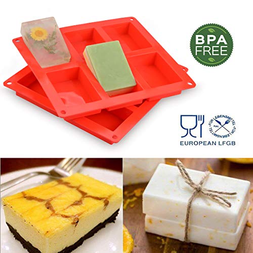 SJ Rectangle Silicone Soap Molds, 2 Pcs 6-Cavity Silicone Molds Square Loaf Muffin Baking Pans, Chocolate Cheesecake Making Trays, Ice Cube Trays, Nonstick & BPA Free (Red)