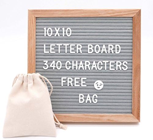 10 X 10 Premium Changeable Felt Letter Board, Solid Oak Frame, 340 White letters with characters & Wall Hook. (Gray)