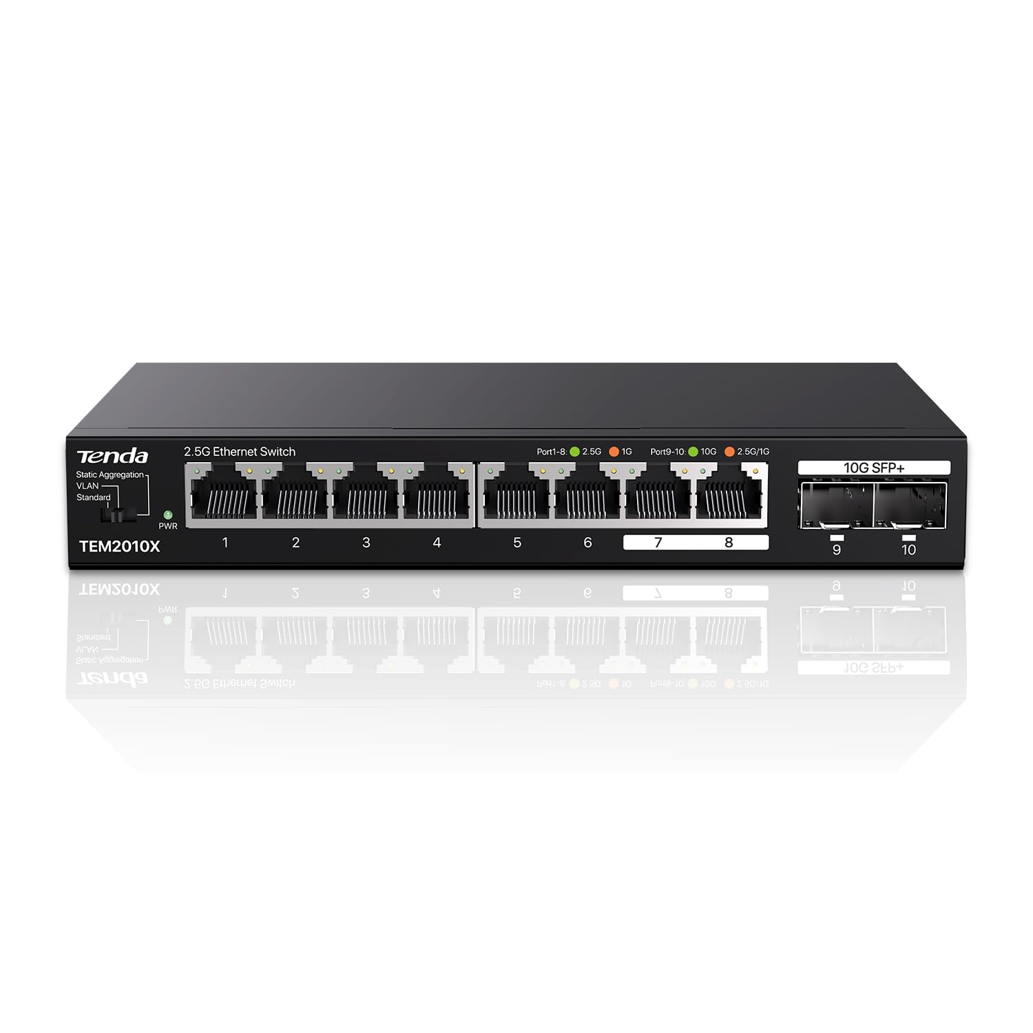 Tenda 2.5 Gbit Switch mit 8X 2.5G Ports & 2X 10G SFP+ Ports (VLAN, Statische Aggregation, Lüfterlos, Plug & Play, Desktop-/Wandmontage, Unmanaged, Metallgehäuse) (TEM2010X)