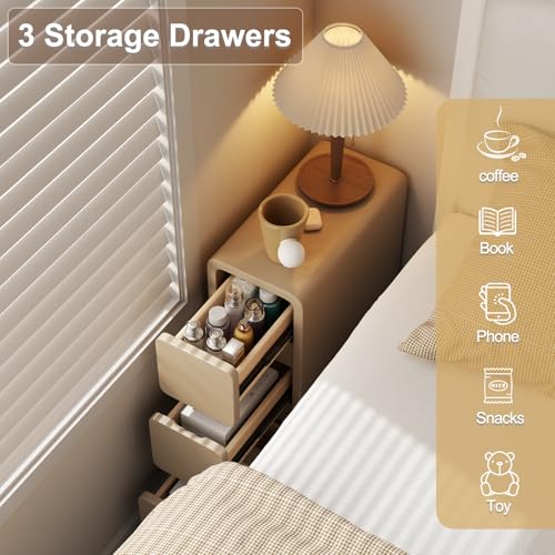 AQIMUELE Slim Bedside Table with 3 Drawers No Installation Leather Surface for Bedroom Living Room Width 20cm (Khaki)
