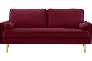 GPCRAC 67'' Velvet Sofa Bed, Modern Loveseat with Gold Metal Legs and 2 Bolster Pillows, Velvet Love Seats Couch for Small Spaces, Living Room, Apartment (Red)
