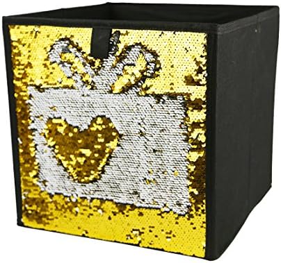Homiak Magic Reversible Mermaid Sequins Storage Box Linen Fabric Foldable Basket Cube Organizer Bin Box Container Drawer (Golden)