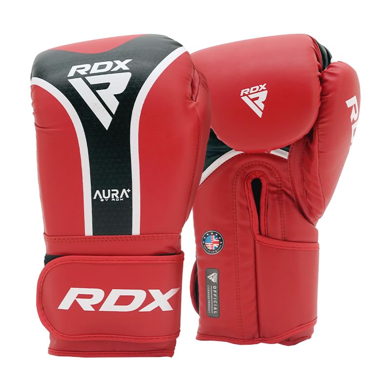 RDX Aura Plus T-17 Boxing Gloves – Maya Hide Leather, MG-3 Padding, Max-Shock Foam – for Training, Sparring, Kickboxing, Muay Thai – Quick-EZ Strap – Red 12 Oz