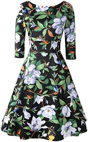 Chicanary Women's Back V-Neck 3/4 Sleeve Swing Vintage Dress
