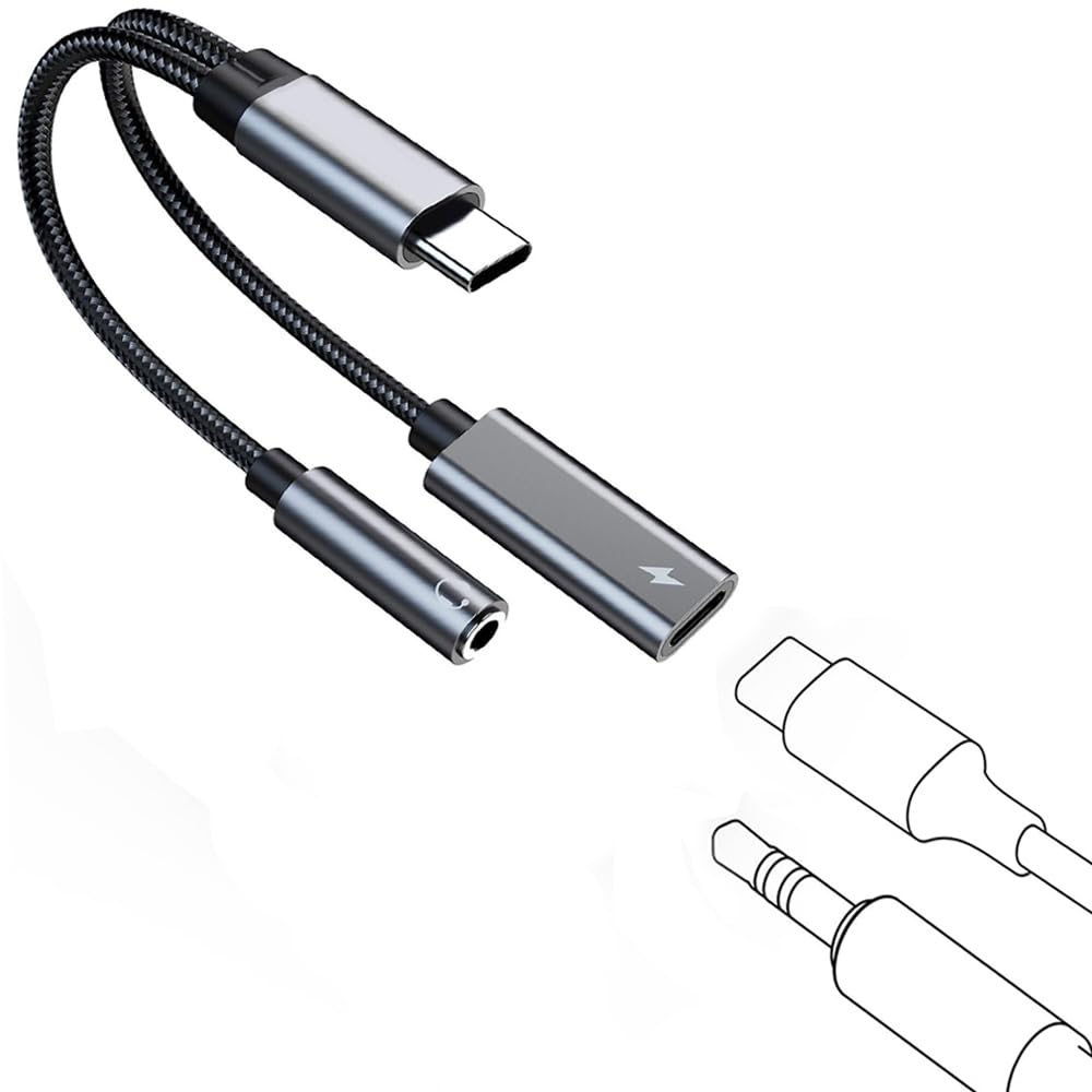 Photo 1 of Flsazrx USB C to 3.5mm Headphone and Charger Adapter with 60W Fast Charging, 2-in-1 USB C PD 3.0 Port Connected to Auxiliary Audio Jack and Fast Charging Dog Cable (Gray)