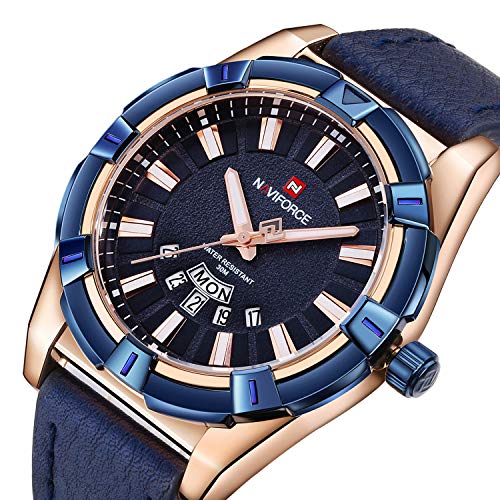 NAVIFORCE Men Quartz Watch Luxury Waterproof Casual Leather Watches for Men Gold Blue