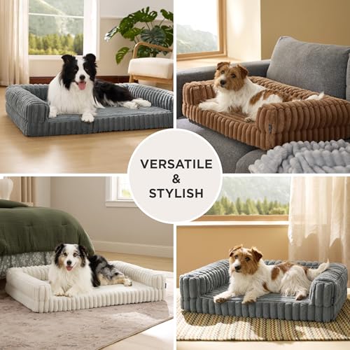 Bedsure Large Orthopedic Dog Bed – 89 x 64 x 18 cm Sofa Dog Beds with Memory Foam and Edges, Waterproof, Non-Slip Base, Removable and Washable Corduroy Cover, Grey