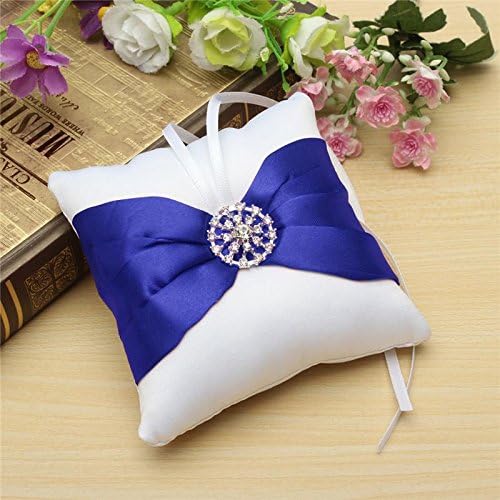 White Satin Bowknot Diamante Romantic Wedding Ring Pillow Wedding Ring Pillow Cushion , blue