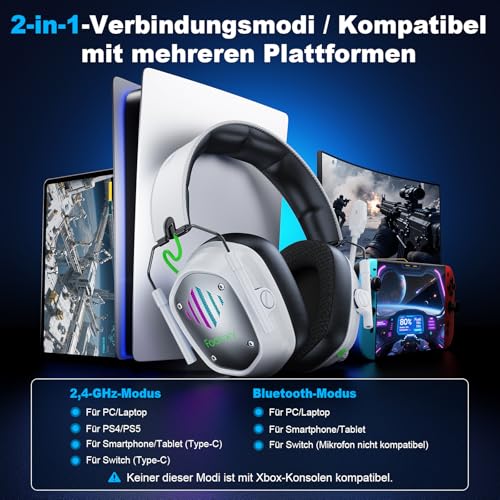 Fachixy Gaming Headset Wireless for PS4, PS5, Switch, PC, Mac, Laptop, 60H 2.4GHz Gaming Headset with Noise Cancelling Microphone, Wireless Bluetooth Headphones with LED Lights, Surround Sound