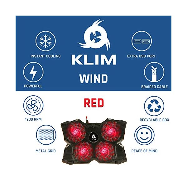 KLIM-Wind-Laptop-Cooling-Pad-The-Most-Powerful-Rapid-Action-Cooling-Fan-Laptop-Stand-with-4-Cooling-Fans-at-1200-RPM-USB-Fan-Compatible-New-2020-Version-Black KLIM Wind Laptop Cooling Pad - More than 500 000 units sold - NEW 2023 - The Most Powerful Rapid Action Cooling Fan…