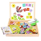 156 Pieces Wooden Educational Toy, Seacue Double Sided Drawing Easel Dry Erase Board Puzzles Animal Letters Number Games, Learning & Educational Game Toy for Kids