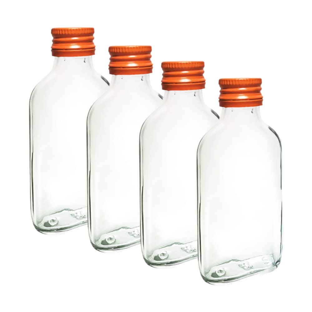DIAH DO IT AT HOME 10x 100ml Clear Glass Pocket Flask Bottles + Orange Airtight Screw Caps - Small Leakproof Liquor Bottles for DIY Filling, Spirits, Party Favors & Homemade Liquids