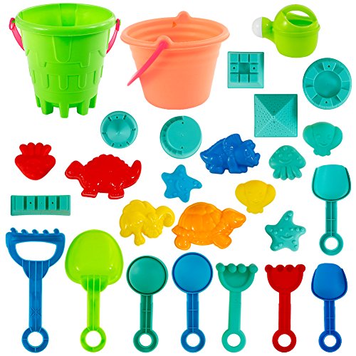 Acekid Mini Sand Toys Set, 27pcs Seaside Sand Castle Bucket Spade Shovel Rake Playset, Beach Toys Kit for Kids and Children