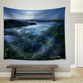 Full Moon Over The Coast in Cornwall, UK - Fabric Wall Tapestry Home Decor - 51x60 inches