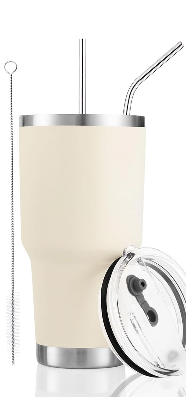 D·S 30oz Cream Tumbler Stainless Steel Insulated Travel Mug with Straw Lid Cleaning Brush (30oz Cream)