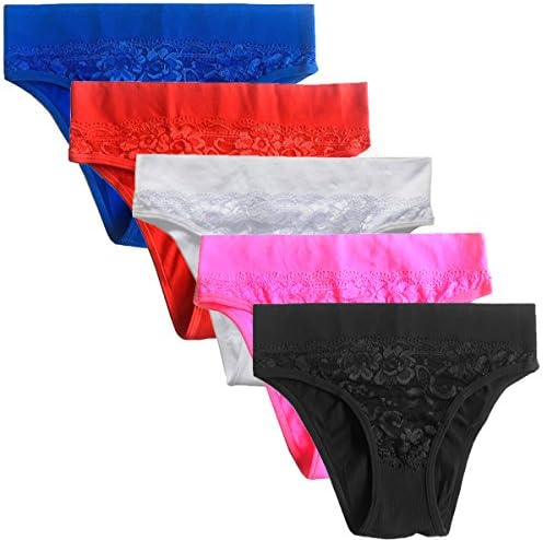 Women's Sexy Lace Briefs Visible Front Seamless Nylon Stretch Hipster Panties (Pack of 5)(Large, Mix colors)