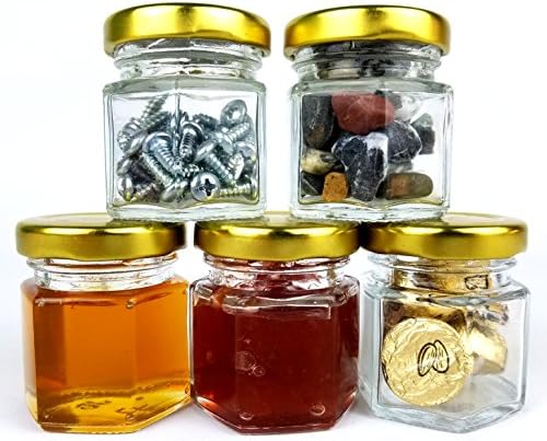192 Piece, Space Saving, 1.5oz Mini, Hexagon, Clear Glass Jars; Perfect for Honey, Jams, Spices, Party Favors. Includes Gold Lids for Canning.