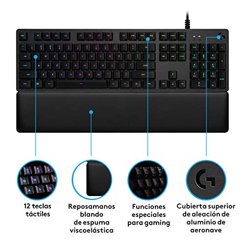 Logitech-G513-Teclado-Gaming-Mecanico-con-Reposamanos-RGB-LIGHTSYNC-Teclas-GX-Tactil-Marron-Aleacion-de-Aluminio-Teclas-F-Personalizables-Paso-de-USB-Disposicion-QWERTY-ES-CarbonNegro