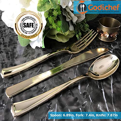 GODICHEF 300 Premium Royal Gold Plastic Silverware Set 100 Spoons 100