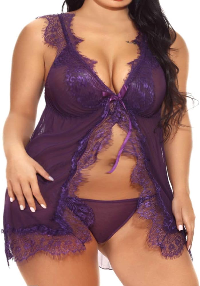 Plus Size Lingerie for Women Lace Babydoll Chemise Halter Sleepwear Nightwear(Purple2, 2X)
