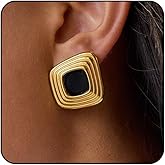 Black Gold Statement Earrings for Women Trendy Chunky Gold Earrings Brown Resin Acrylic Big Irregular Rectangle Square Stud Earring Vintage Unique Large Black Earring for Women Chunky Jewelry