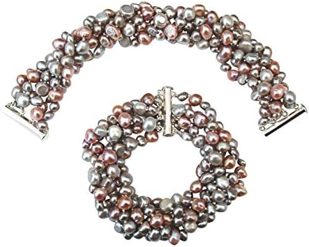 Striking Lilac/Silver Grey/Pink Baroque Cultured Pearl Six Strand Chunky 'Louisa' Bracelet With Silver Clasp