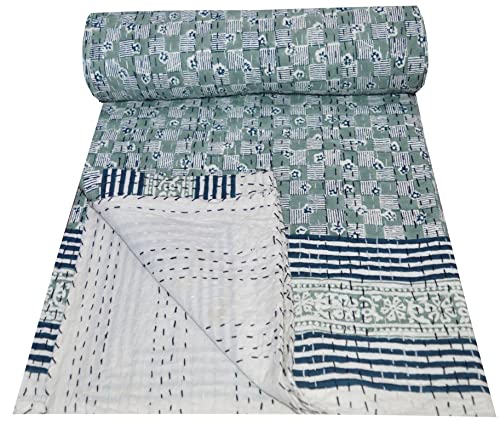 MAVISS HOMES Indian Hand Block Print Kantha Quilt Queen Size Quilt Kantha Bedspread White Quilt Cotton Kantha Throw Bedding (Green2, Twin 90 X 60 In)