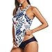 Women Halter Neck Swimsuit, Leadmall Backless Leaf Print Swimwear Tankini Tank Top Plus Size Swimming Suit with Cut Out Bottoms (XXL, Blue)thumb 2