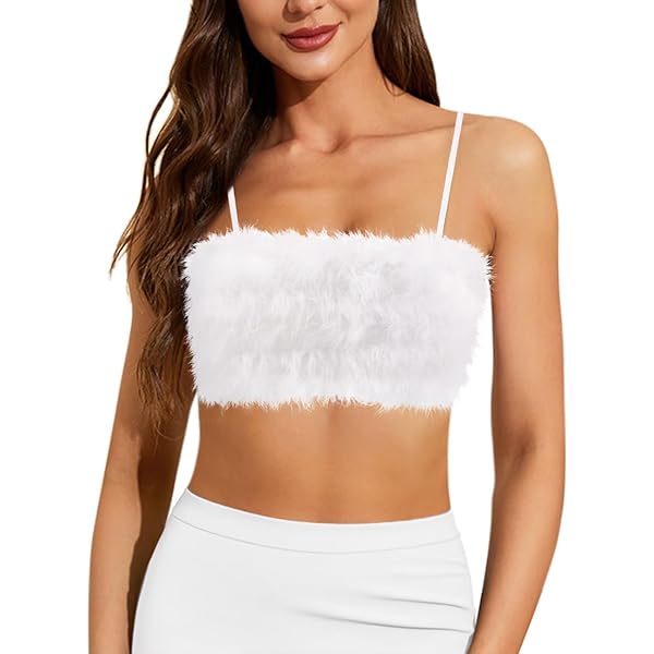 Vimoisa Women Faux Fur Tank Top Spaghetti Strap Crop Cami Top