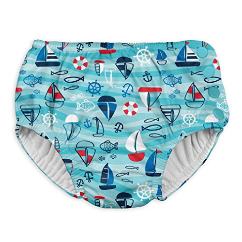 i play. by green sprouts Boys' Baby Snap Reusable Absorbent Swimsuit Diaper, Aqua Wavy Boats, 6 Months
