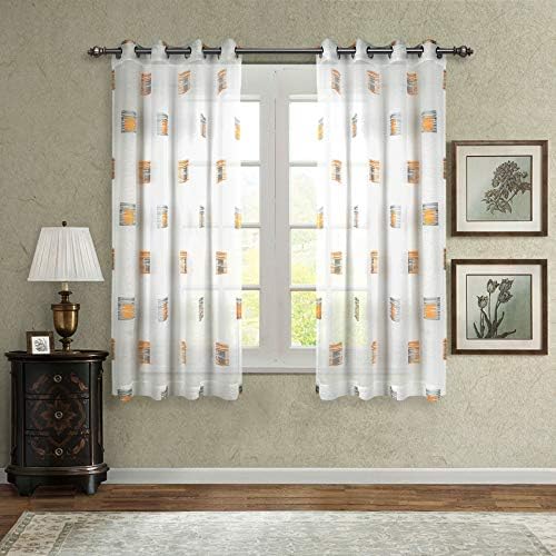 SINGINGLORY White Sheer Curtains, Jacquard Semi Sheer Grommet Window Curtains for Bedroom and Living Room, Set of 2 (52 x 63 Inch, Yellow-Grey Geometric Pattern)