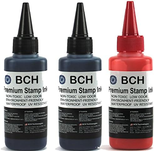 2X Black + 1X Red Stamp Ink Refill by BCH - Premium Grade -2.5 oz (75 ml) Ink Per Bottle (7.5 oz / 225 ml Total)