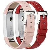 Tobfit Compatible with Fitbit Alta HR and Fitbit Alta Leather Bands Replacement Leather Watch Bands with Stainless Steel Buckle Compatible with Fitbit Alta HR and Alta (Blush Pink+Red)