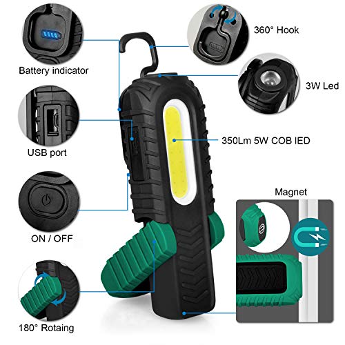 VAVOFO 18 Portable COB LED Work Light 350 Lumens, USB Rechargeable Work Lights with 360 Degree Magnetic Base for Car Repair, Household and Emergency Use, Shock Vibration Shatter Resistant (2 Pack)