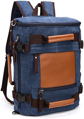 Vetasac Multi-functional Men Canvas Leather Backpack Cylinder Sports Hiking Travel Bag (Dark Blue)