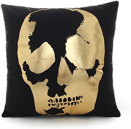 Kingla Home Gold Skull Printing With Black Background Personalized Bronzing Throw Pillow Cushion Covers, 18" x 18"