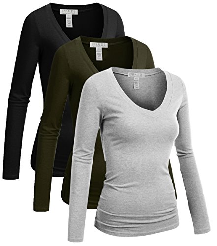 Emmalise Long Sleeve V Neck T Shirt Women-Junior sizes,3pk-black,olive,hgray,Small