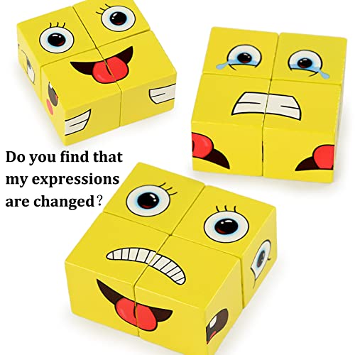 LELEMON Face Changing Cubes for Kids Magic Facial Expression Wooden Building Matching Blocks Logical Thinking Training Brain Game Educational Toys