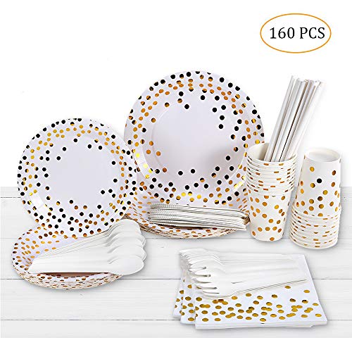 esonmus Disposable Paper Plates&Cups 20 Set, Gold Dot Disposable Cups Dinner Plates Dessert Plates Straws Spoons Forks Cutters Napkins- Baby Shower, Wedding, New Year Birthday Party Supplies -160pcs