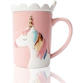 BigNoseDeer Unicorn Mug, Cute Ceramic Coffee Mug with Lid Spoon,Cute Mugs for Coffee Tea Milk,Cut stuff Unicorn Gifts for Girls Cute Gifts for Women (Pink 13oz)