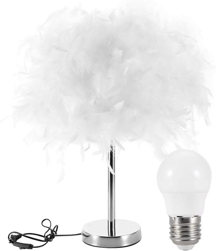 White Feather Decorative Table Lamp, Modern Study Simple Bedroom Bedside Button Switch LED Night Light 110-240V US Plug for Home Indoor Living Room(Small)