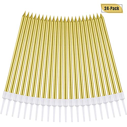 24 Count Party Long Thin Cake Candles Metallic Birthday Candles in Holders for Birthday Cakes Cupcake, Gold